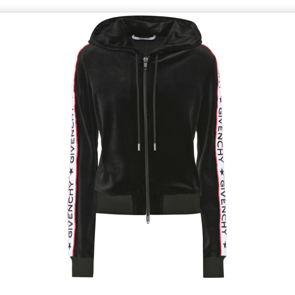 Givenchy logo stripe zip hoodie tape jacket velour black